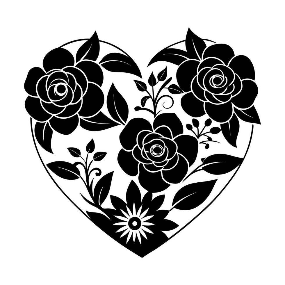 Black and White Floral Heart Design vector