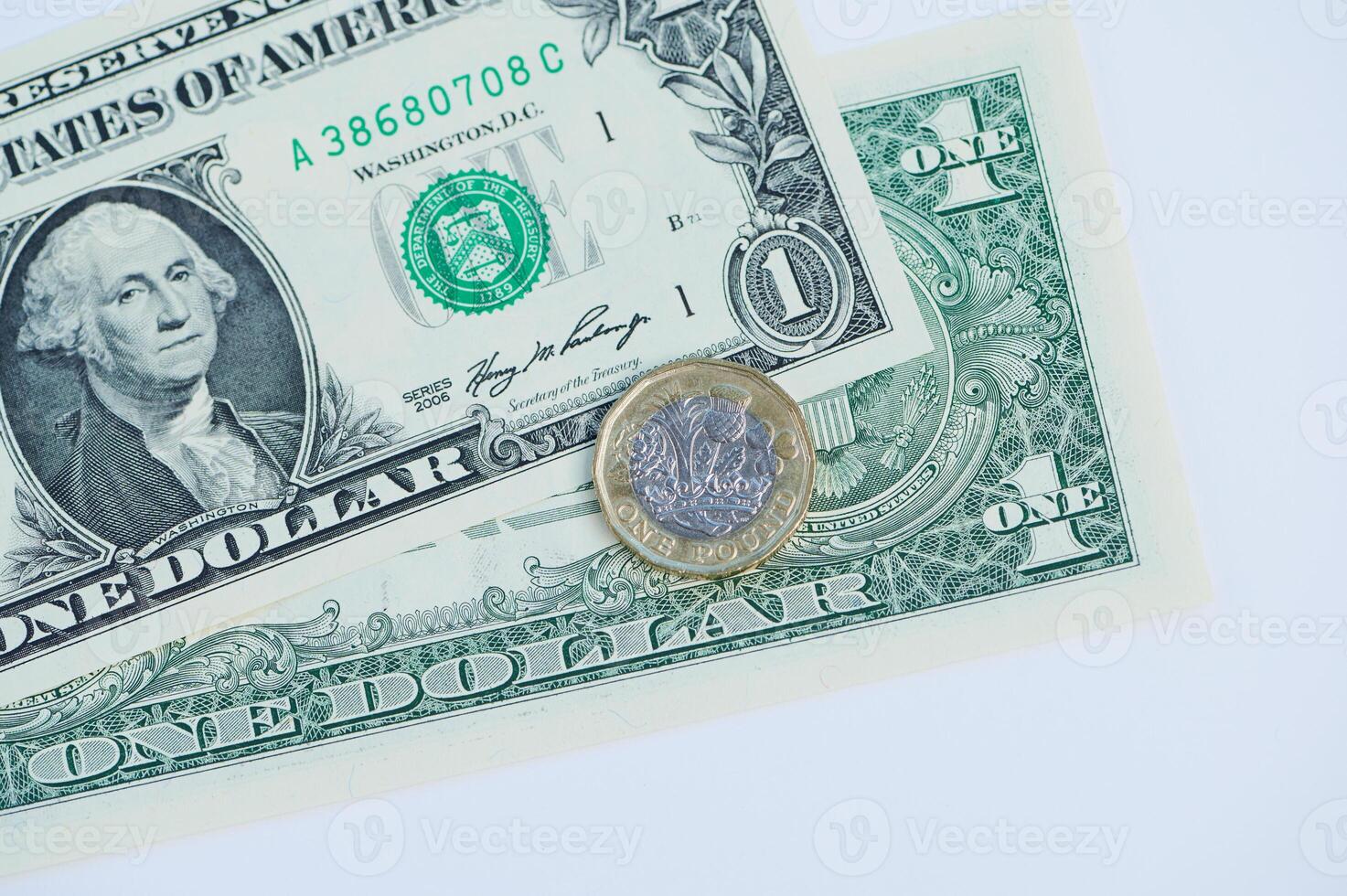 One pound coin positioned on top of one dollar bill showcasing currency exchange photo