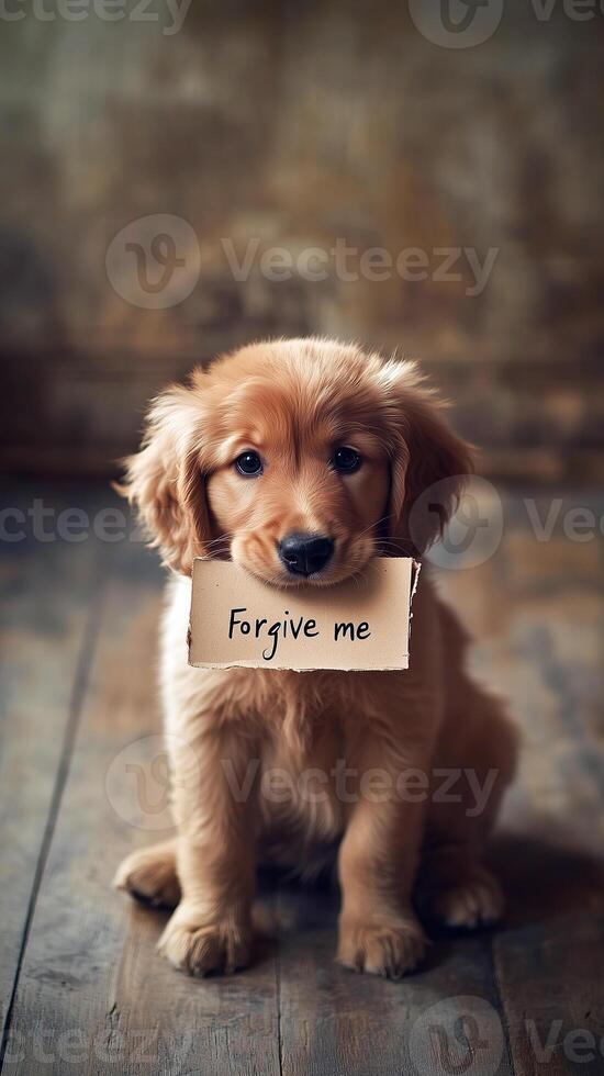 Cute golden labrador puppy with nice eyes, sitting on a wooden floor, holding a small sign in its mouth that says Forgive me in neat handwriting. Perfect expression of guilt and cuteness combined. photo