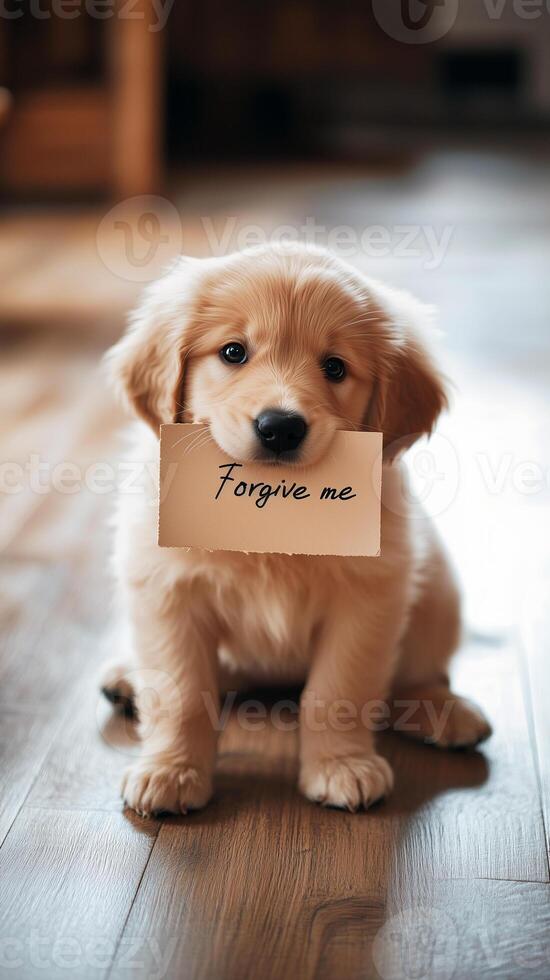 Cute golden labrador puppy with nice eyes, sitting on a wooden floor, holding a small sign in its mouth that says Forgive me. Perfect expression of guilt and cuteness combined with retriever. photo
