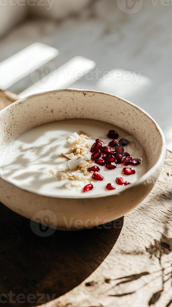 minimalist bowl filled with silky, creamy coconut milk, its surface adorned with pomegranate seeds, coconut. Healthy breakfast in minimal style. photo