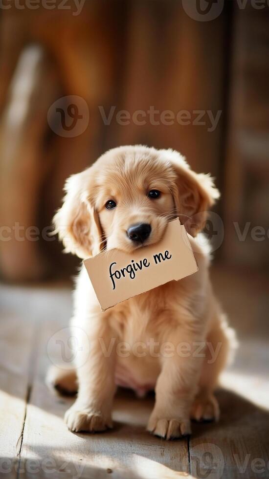 Adorable golden Labrador puppy with gentle eyes, sitting on a wooden floor, holding a small sign in its mouth that reads 'Forgive me.' A perfect blend of guilt and cuteness in a retriever. photo