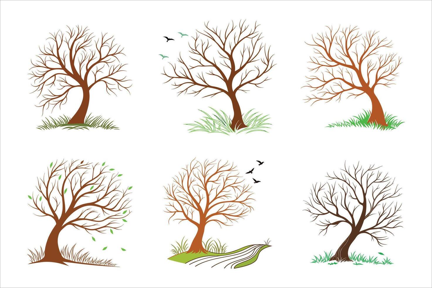 Minimalist tree illustrations, seasonal changes, bare branches, simple grass patches, brown tree trunks vector