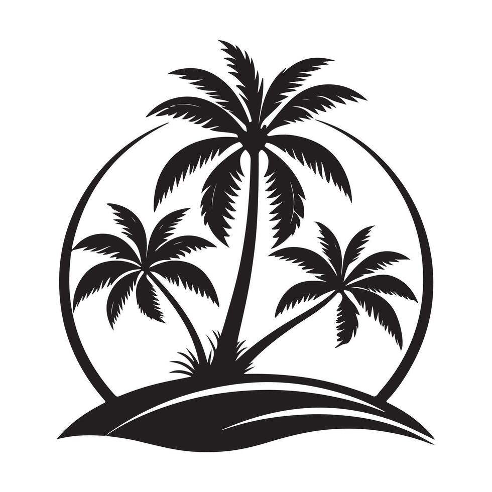 Tropical island silhouette, palm trees, circular frame, black and white graphic, minimalist design, beach scene, vector