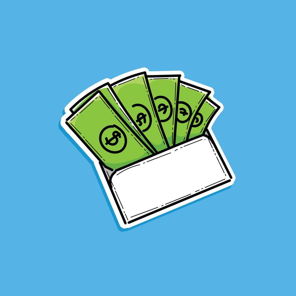 Cartoon graphic featuring a white envelope filled with green cash dollar bills on a blue background, representing finance, savings, and economic concepts in a playful, digital art style. vector