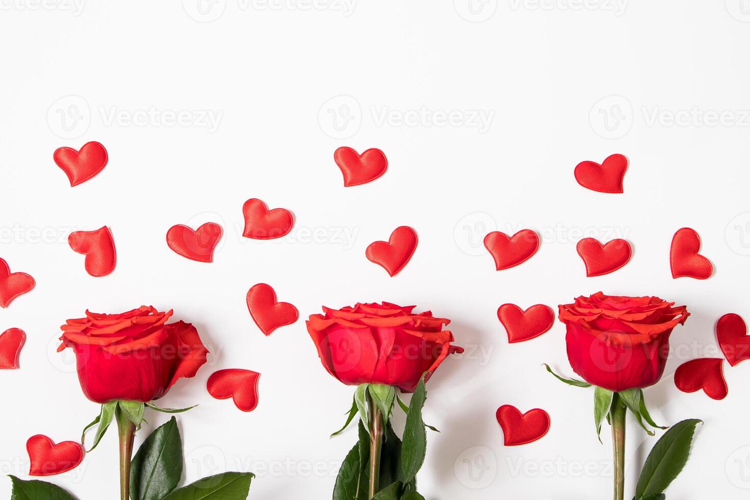Frame from red hearts and roses on white background. Valentine's day greeting card. Layout with place for text. photo