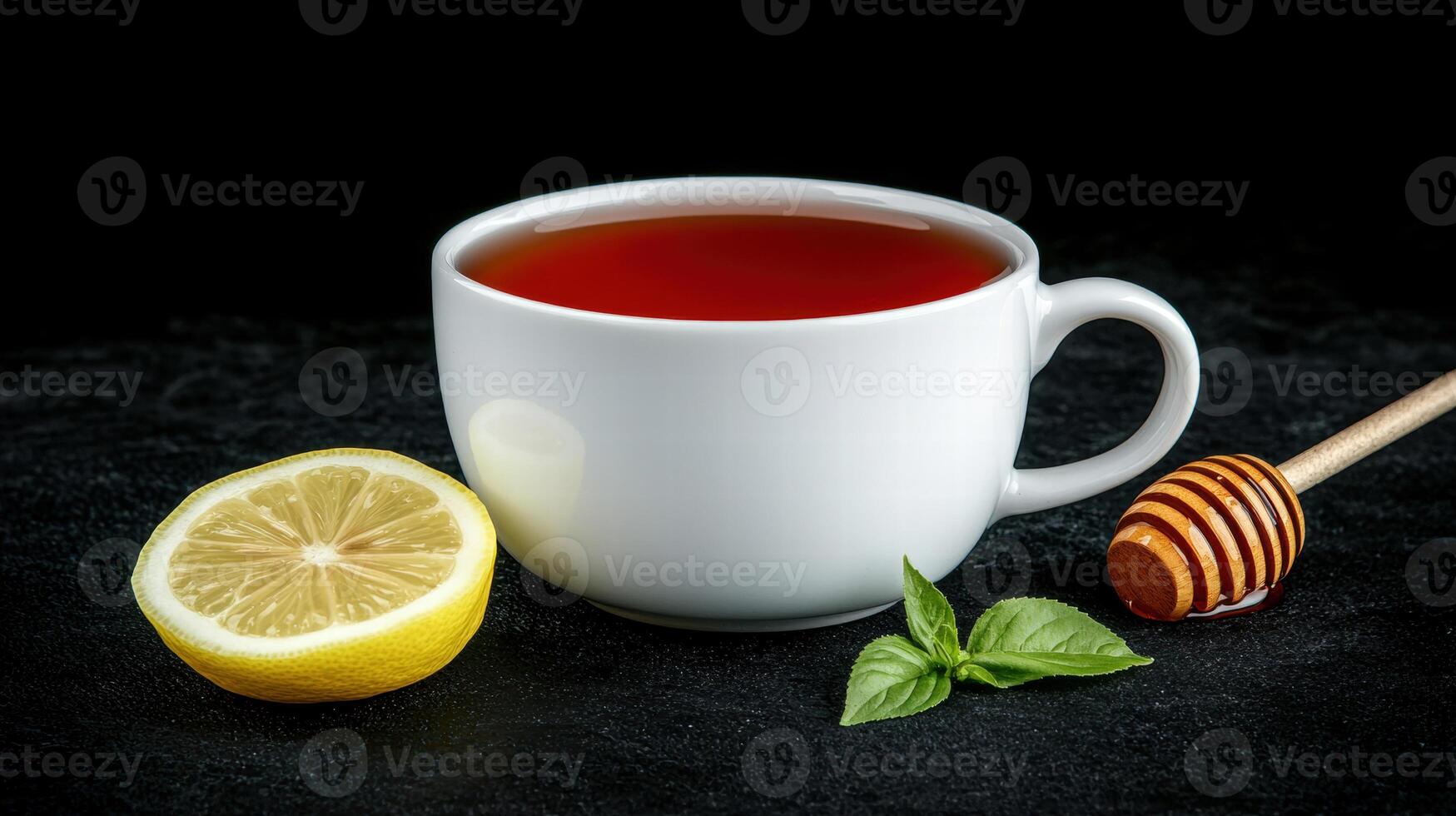 A steaming cup of tea accompanied by lemon slices, fresh basil, and a honey dipper, all set against a dark background. photo