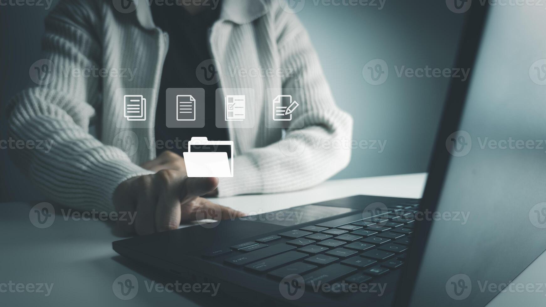 Document Management System, Officer using laptop manage files, Online document database management, automated processes to manage system, ERP enterprise efficient photo