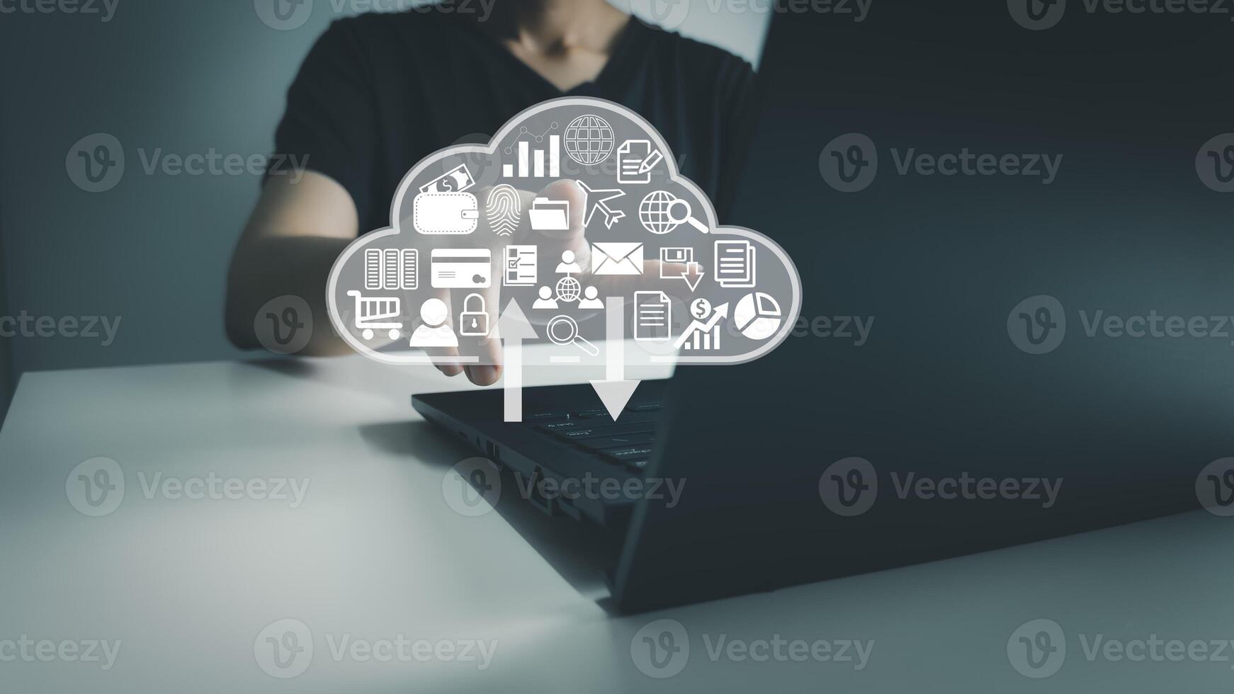 Document Management System, Officer using laptop manage files, Online document database management, automated processes to manage photo
