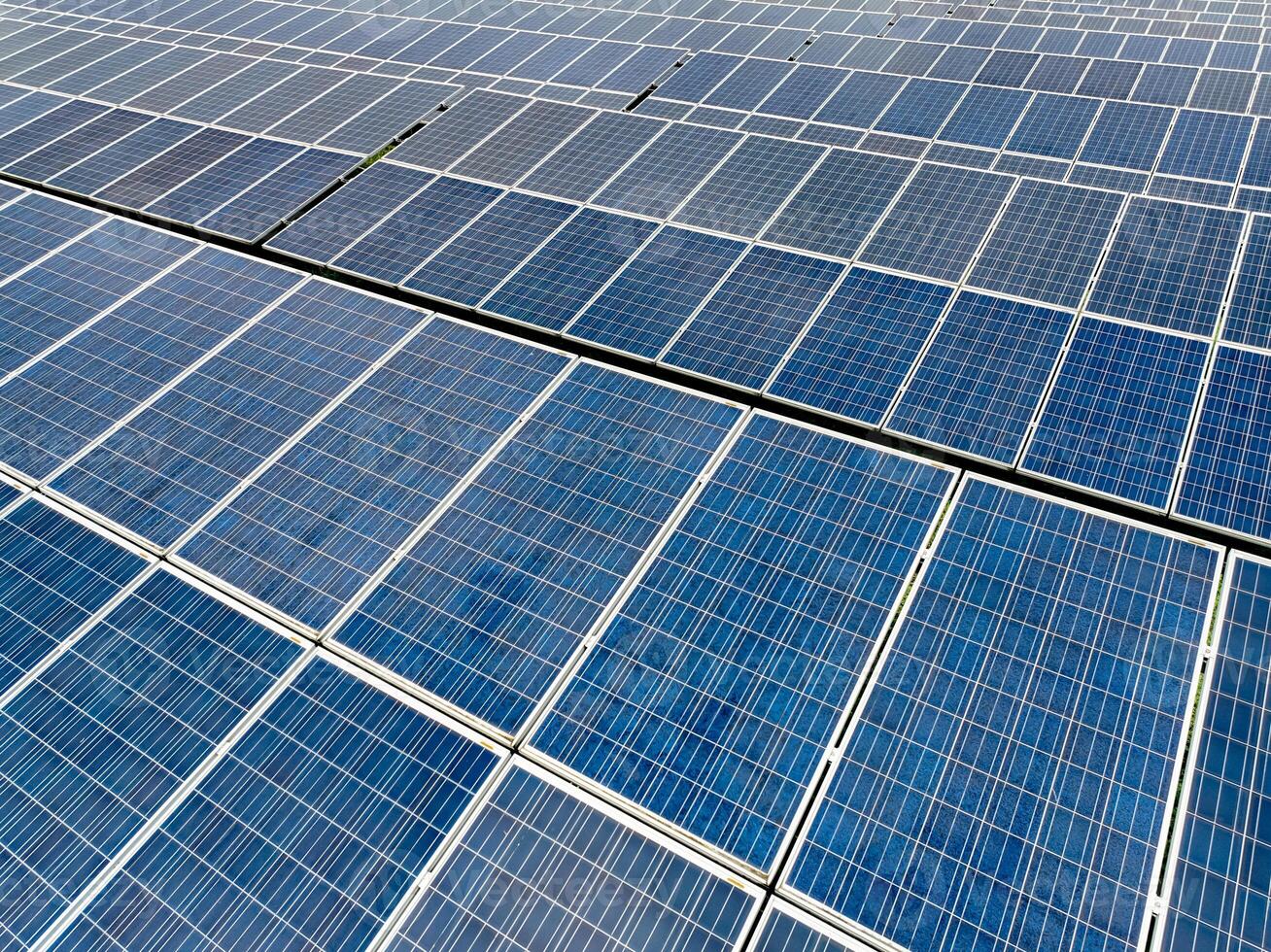 Aerial view of solar farm. Sustainable renewable energy and modern photovoltaic technology for eco-friendly electricity production. Solar power station. Green energy solutions. Solar panel photo