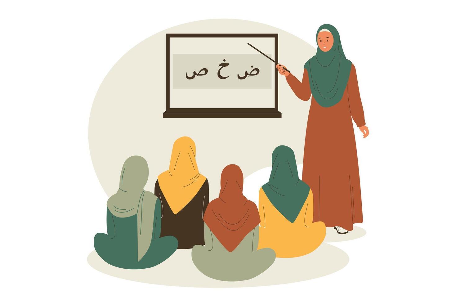 Illustration of muslim woman teaching Arabic letters in front of students vector