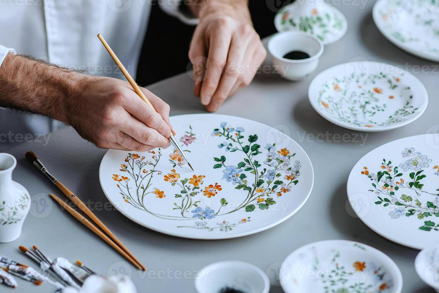 Delicate floral patterns painted by an artisan on porcelain, representing handmade luxury photo