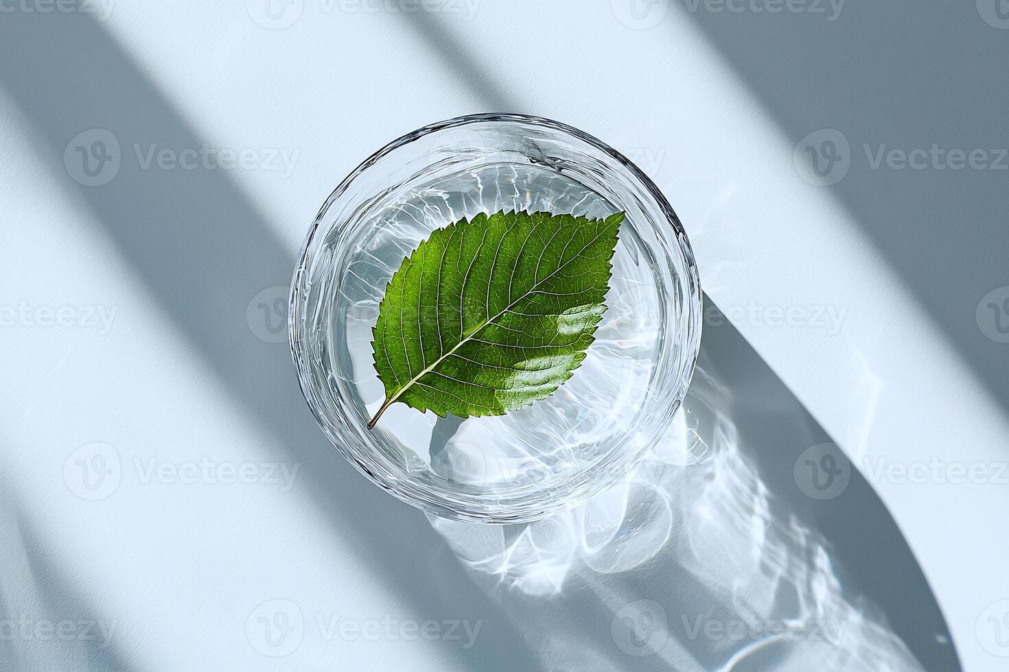A single green leaf floats in a glass bowl, minimalist and serene in its clean composition photo