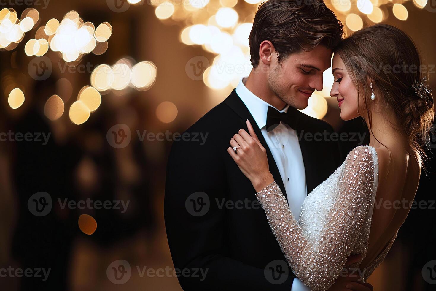 Elegant couple dancing in a luxurious ballroom, soft motion blur capturing timeless love photo
