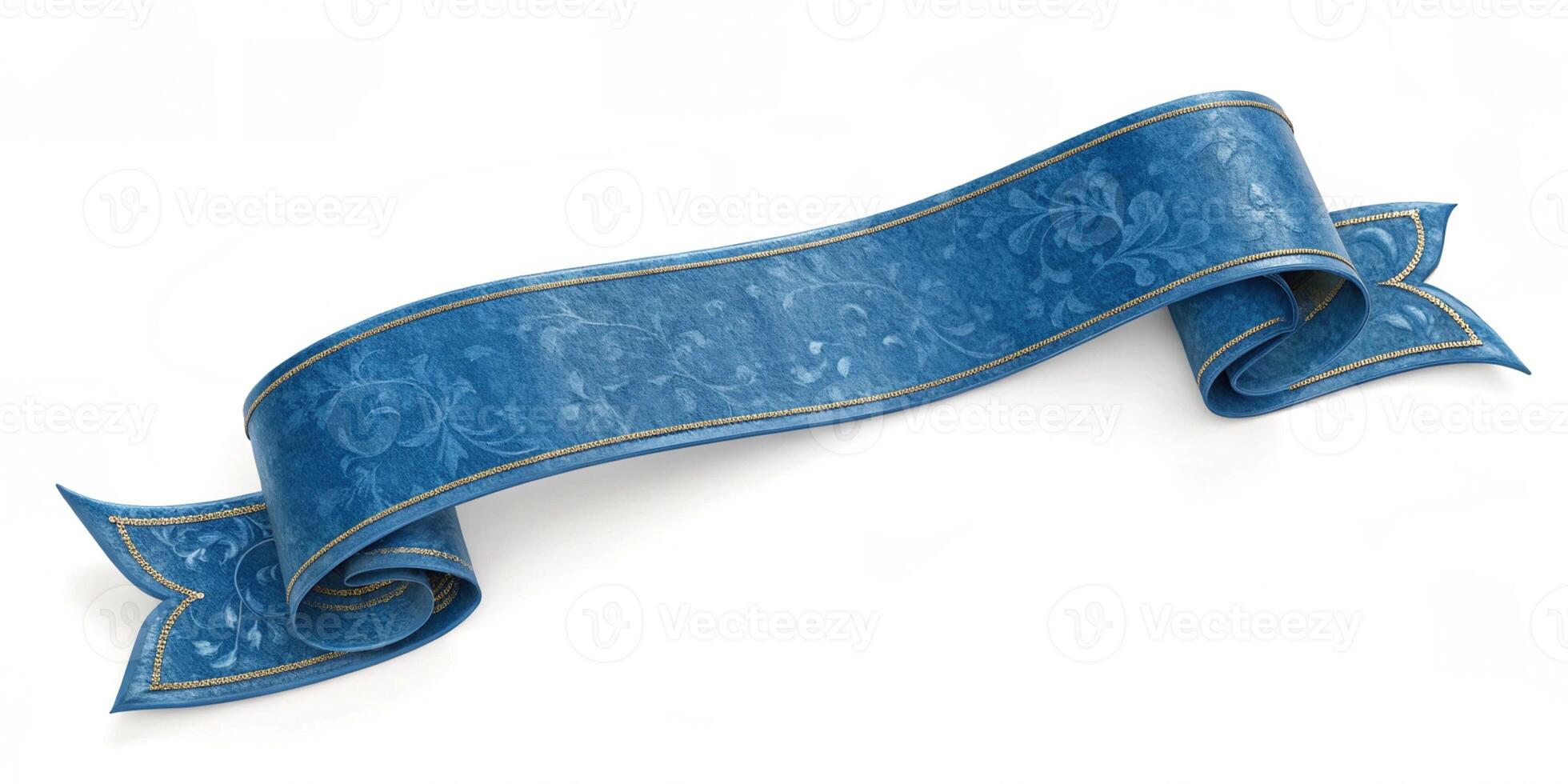 Blue ribbon banner with gold ornament isolated white background for your design event. photo