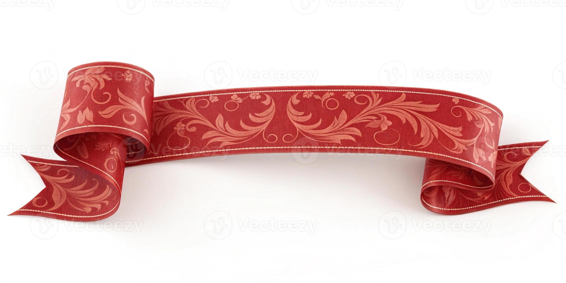 Red ribbon banner with gold ornament isolated white background for your design event. photo