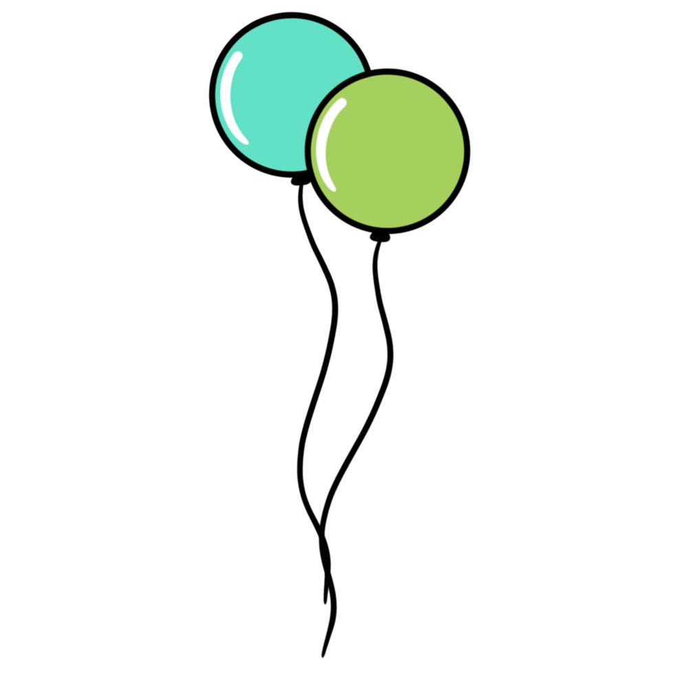 Two round green balloons on strings with a black outline, Cartoon style png