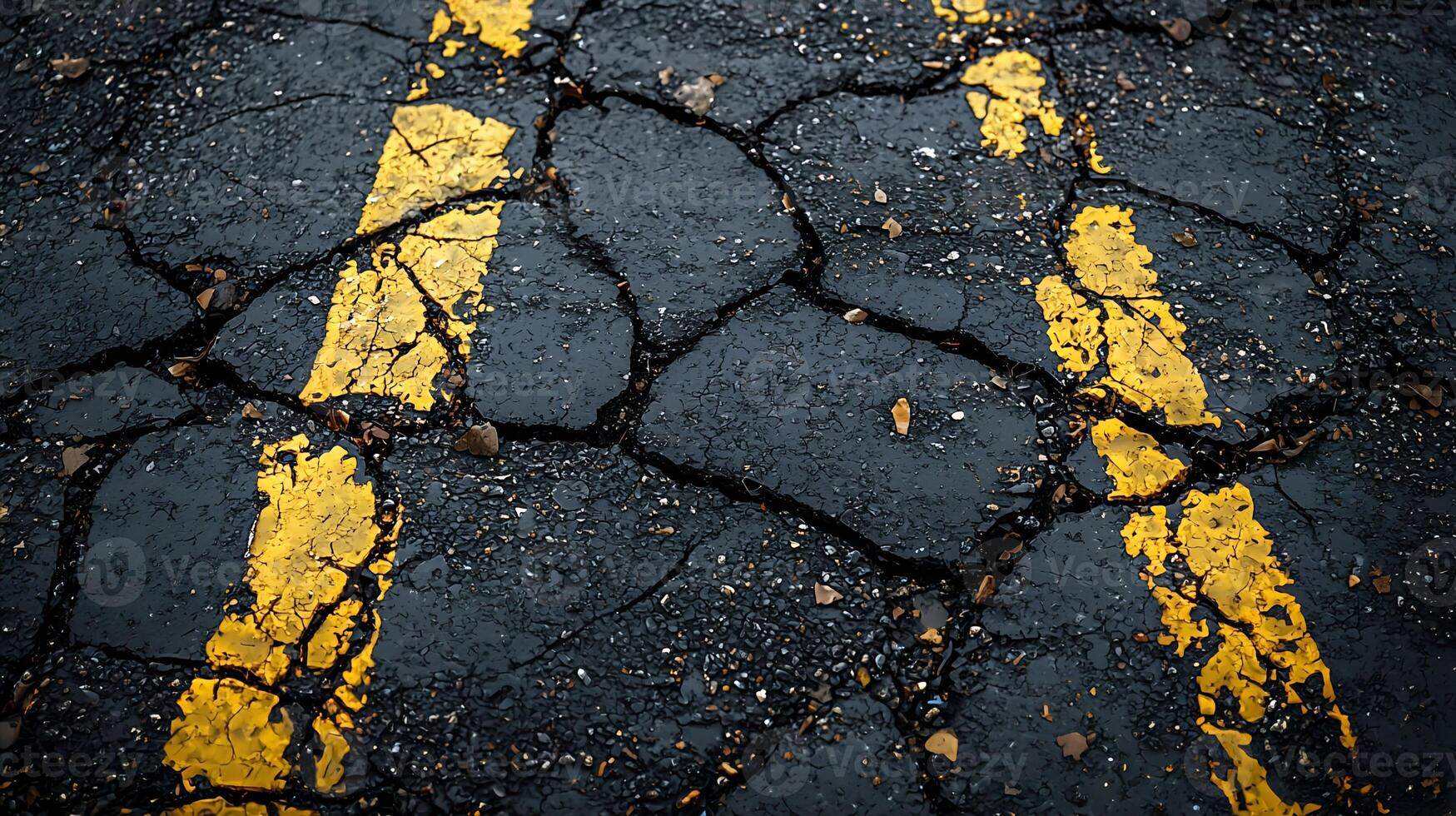 Cracked Asphalt Road Texture with Yellow Lines Detailed Grunge Background old dark worn black urban photo