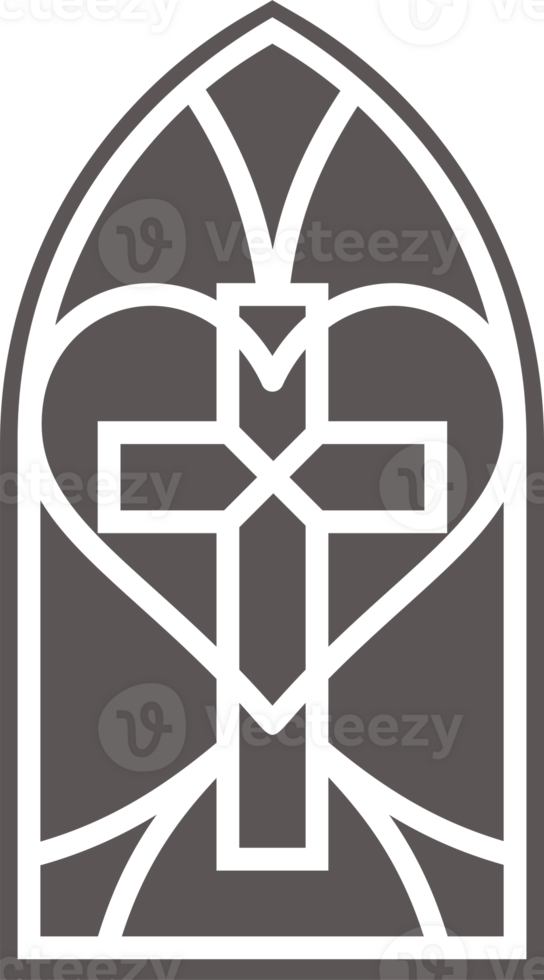 Cathedral church window with religious cross. Stained glass gothic catholic arch. Architecture medieval silhouette of frame. Castle interior element png