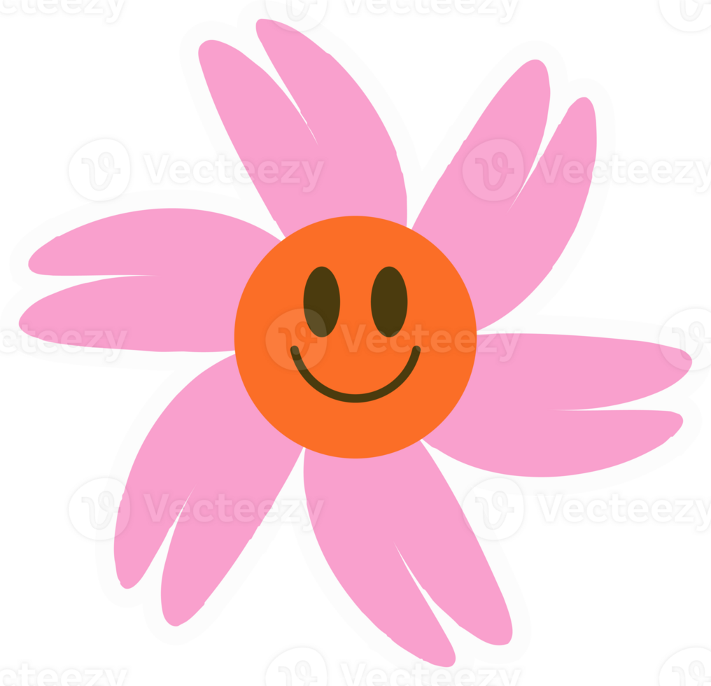 Daisy groovy flower. Smiling retro floral face. Y2k simple design. Cartoon chamomile character png