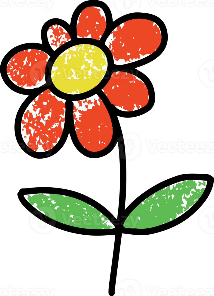 Crayon flower. Colored pencil and pastel chalk spring floral illustration. Hand drawn kids cute painting. Plants with sketch texture png