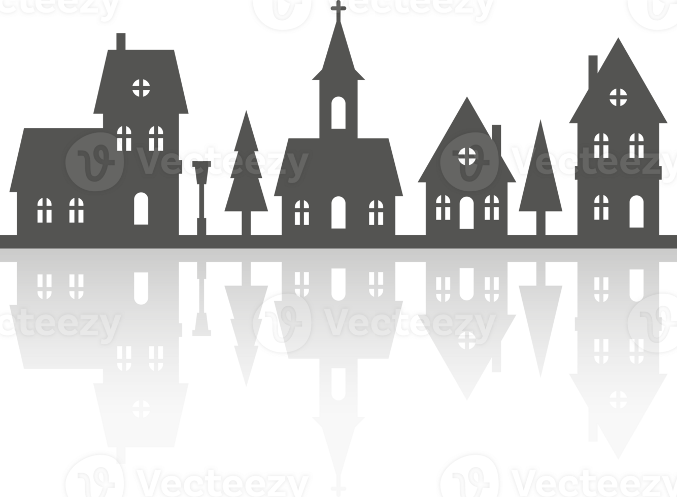 Silhouette of neighborhood houses. Small homes and buildings on skyline. Christmas town and village. Row of cottages on the street with fir trees and church. png