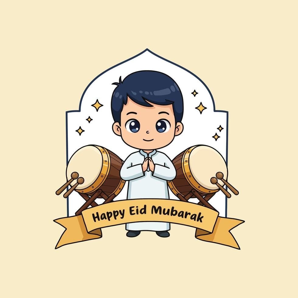 Adorable Boy Celebrates Eid Mubarak with Festive Drums vector