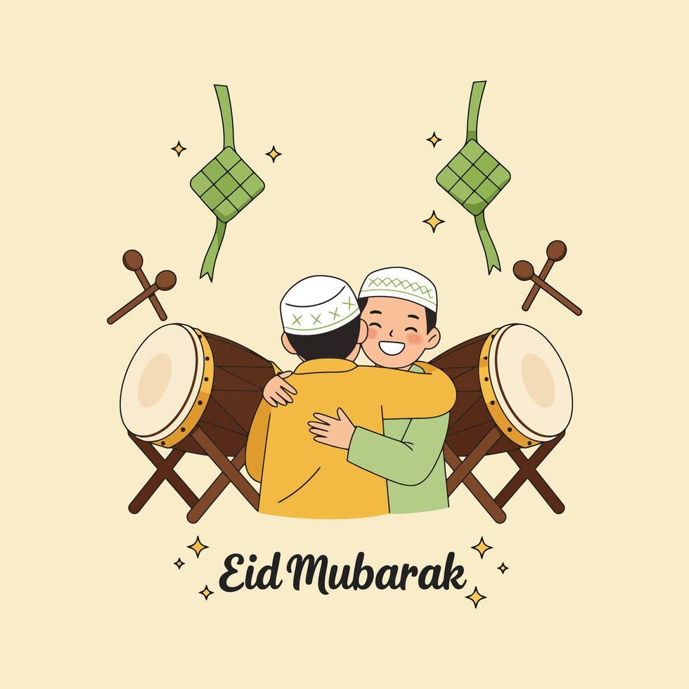 Joyful Eid Mubarak Boys Embrace Amidst Festive Drums and Ketupat vector