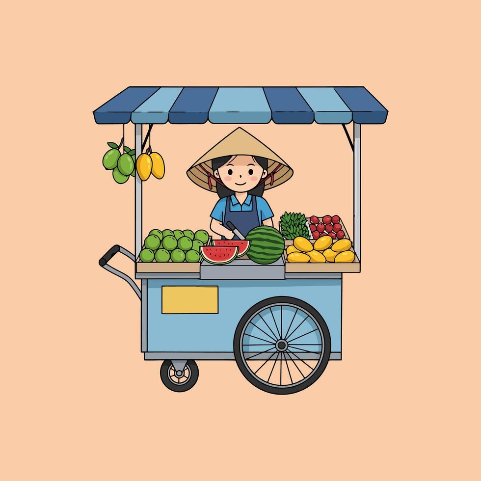 Smiling Girl at Vibrant Fruit Cart A Delightful Cartoon Illustration vector
