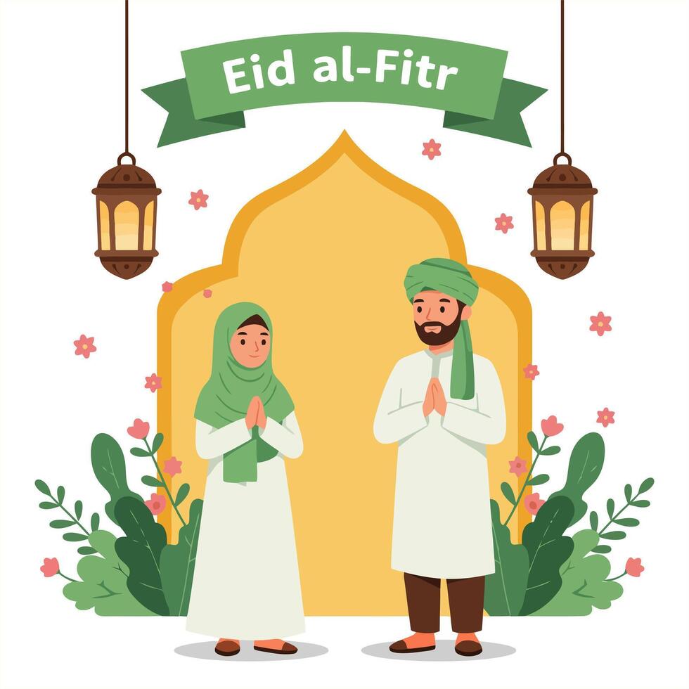 Eid al-Fitr A Muslim Couple's Festive Greeting, Illustrated in a Cheerful Style vector