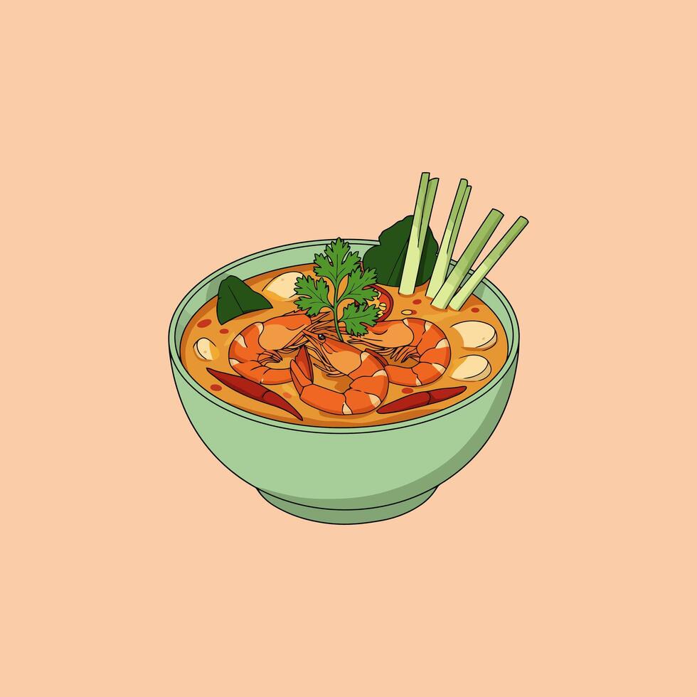Delicious Tom Yum Soup Vibrant Shrimp, Herbs, and Spices in a Bowl vector