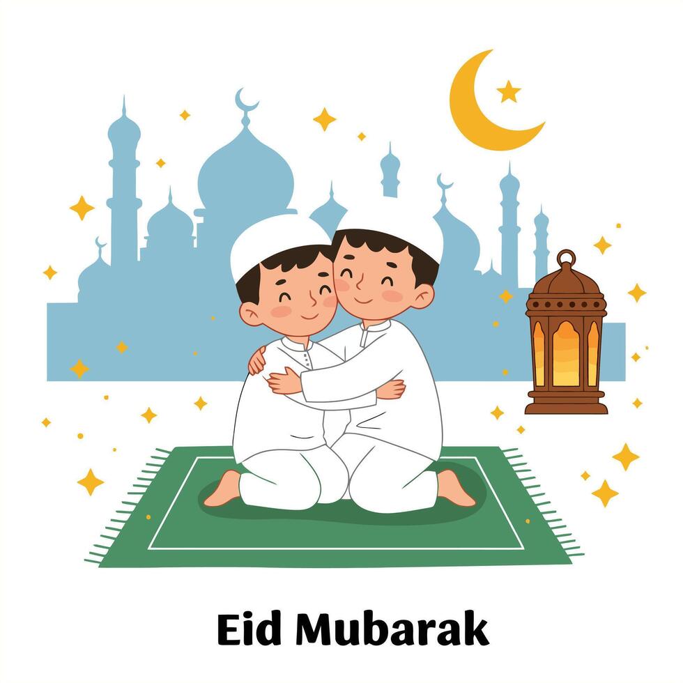 Joyful Eid Mubarak Children's Embrace near Mosque vector