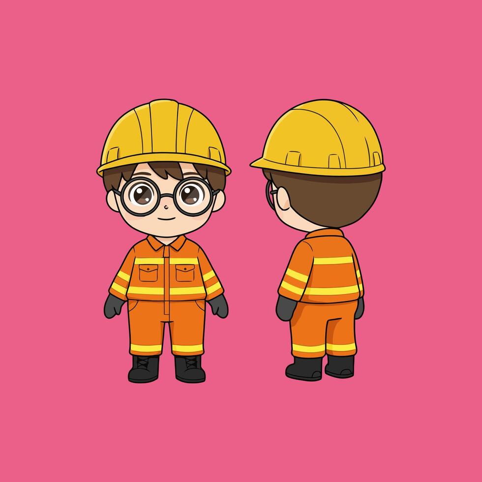 Adorable Cartoon Construction Worker Front and Back View in a Cheerful Style vector