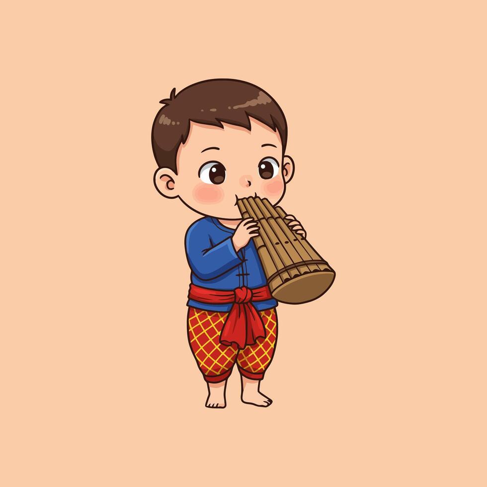 Adorable Child Playing Traditional Thai Bamboo Mouth Organ Charming Cartoon Illustration vector