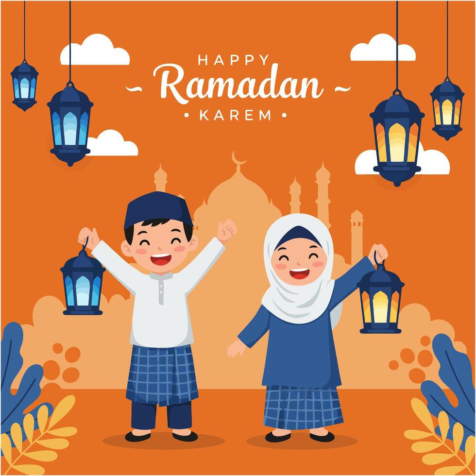 Joyful Children Celebrate Ramadan Lantern-lit Festive Illustration vector