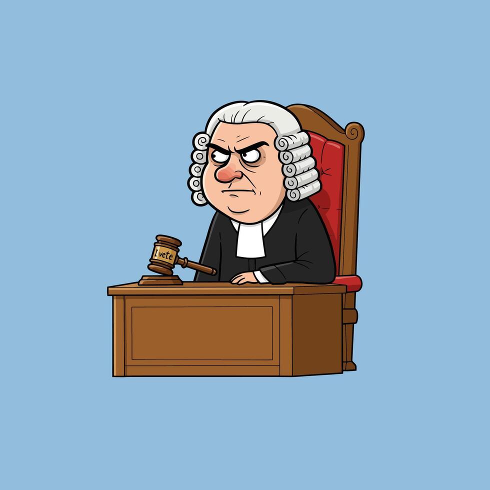Stern Judge in a Cartoon Courtroom A Humorous Legal Illustration vector
