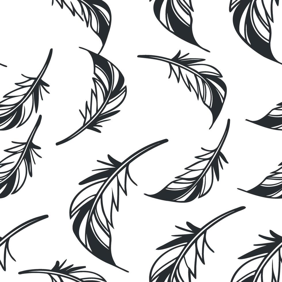 Seamless Hand Drawn Feather Pattern in Elegant Black and White Minimalist Boho Style for Textiles Wrapping Paper Digital Backgrounds and Decorative Designs vector