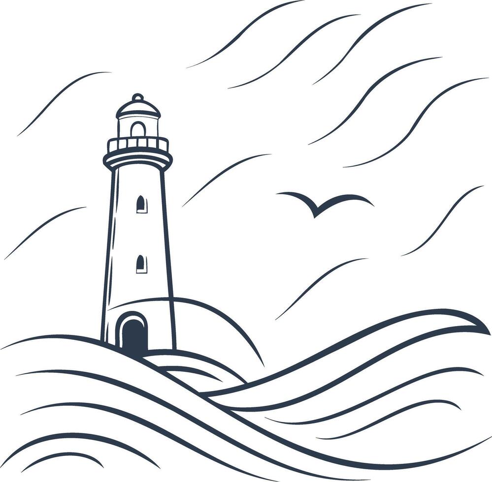 Minimalist Nautical Line Art Lighthouse with Ocean Waves and Flying Seagull in a Modern Digital Illustration for Coastal and Maritime Themed Designs vector