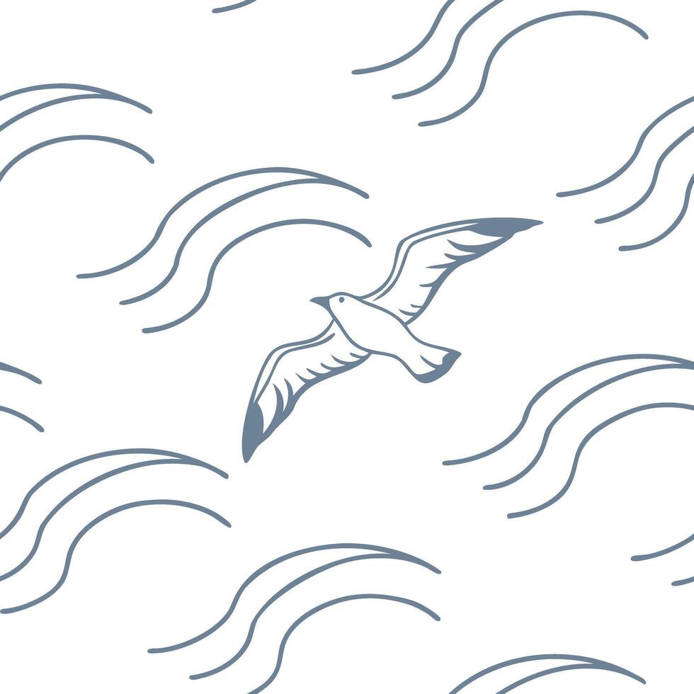 Minimalist Seamless Line Art Seagull Flying Over Ocean Waves in a Modern Nautical Abstract Digital Illustration for Patterns Backgrounds and Coastal Designs vector