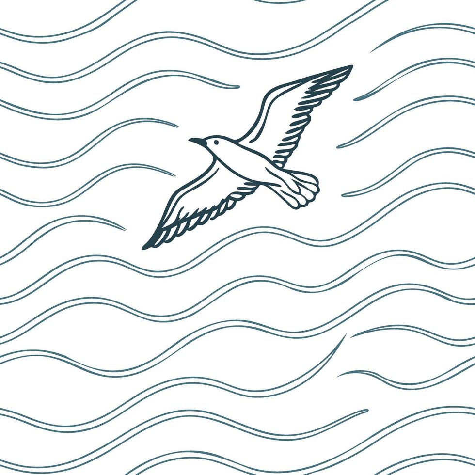 Seamless Minimalist Line Art Seagull Flying Over Ocean Waves in a Modern Nautical Abstract Digital Illustration for Patterns Backgrounds and Coastal Designs vector