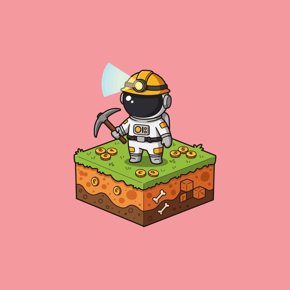 Cosmonaut Miner A whimsical, isometric illustration of a cute astronaut mining gold on a vibrant, layered earth. vector