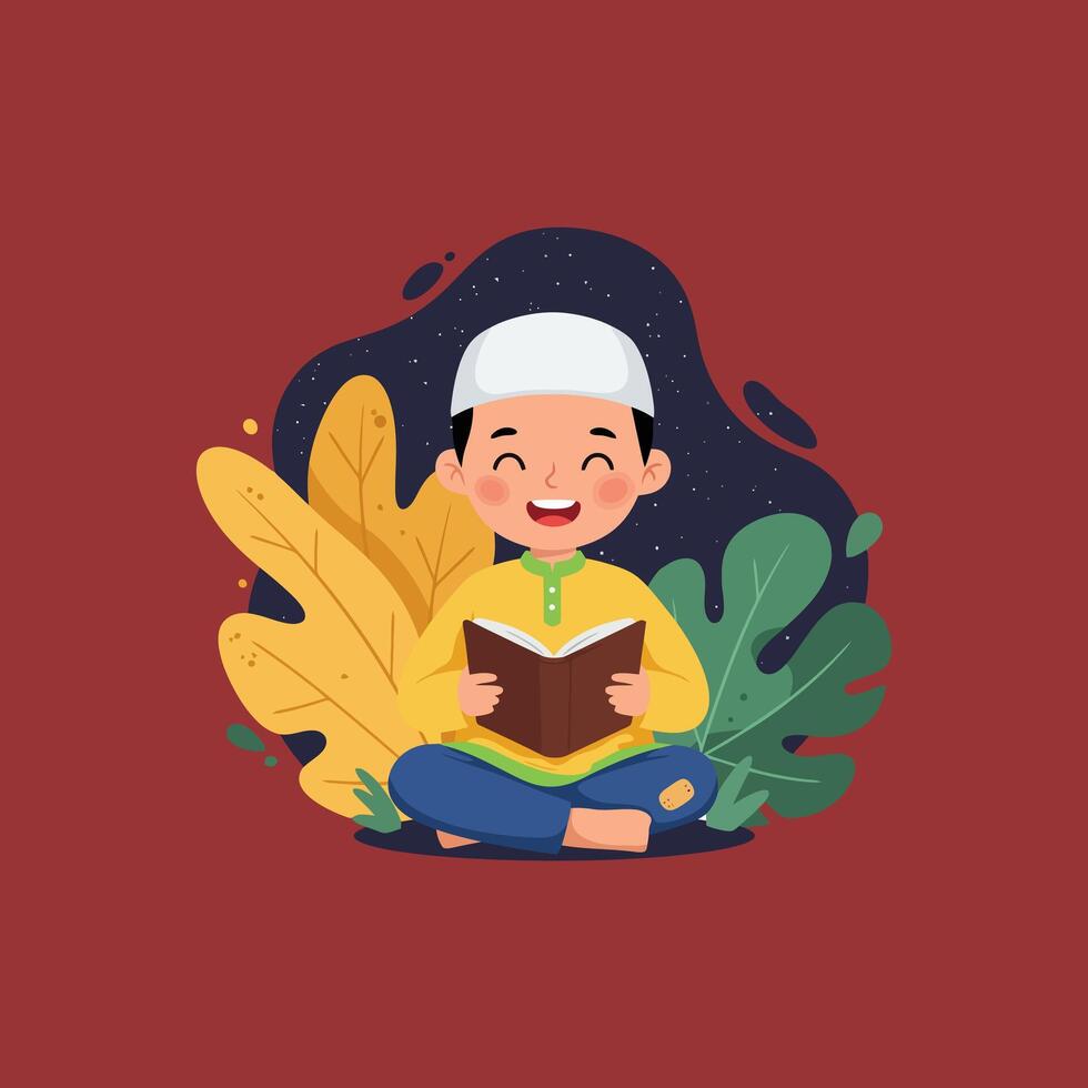 Joyful Young Boy in Islamic Attire Reading a Book, Cheerful Illustration vector