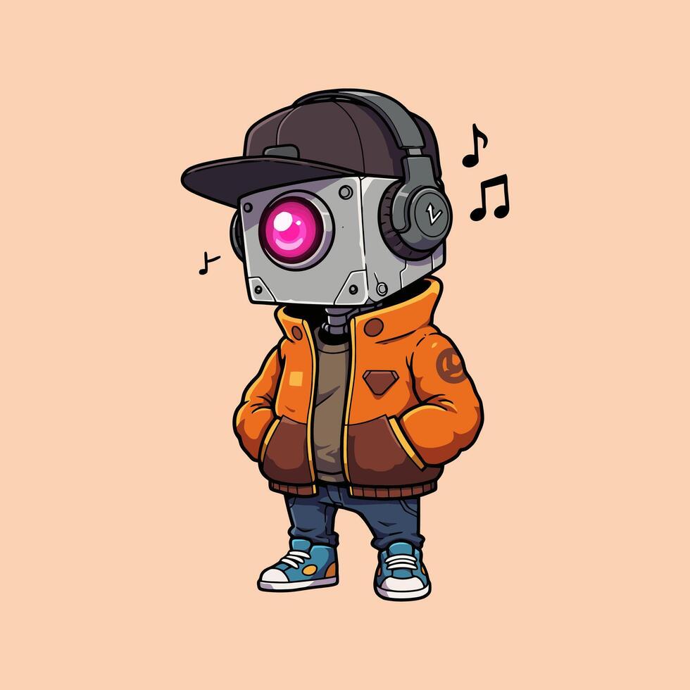 Groovy Robot Boxy Head, Orange Jacket, and Cool Tunes vector