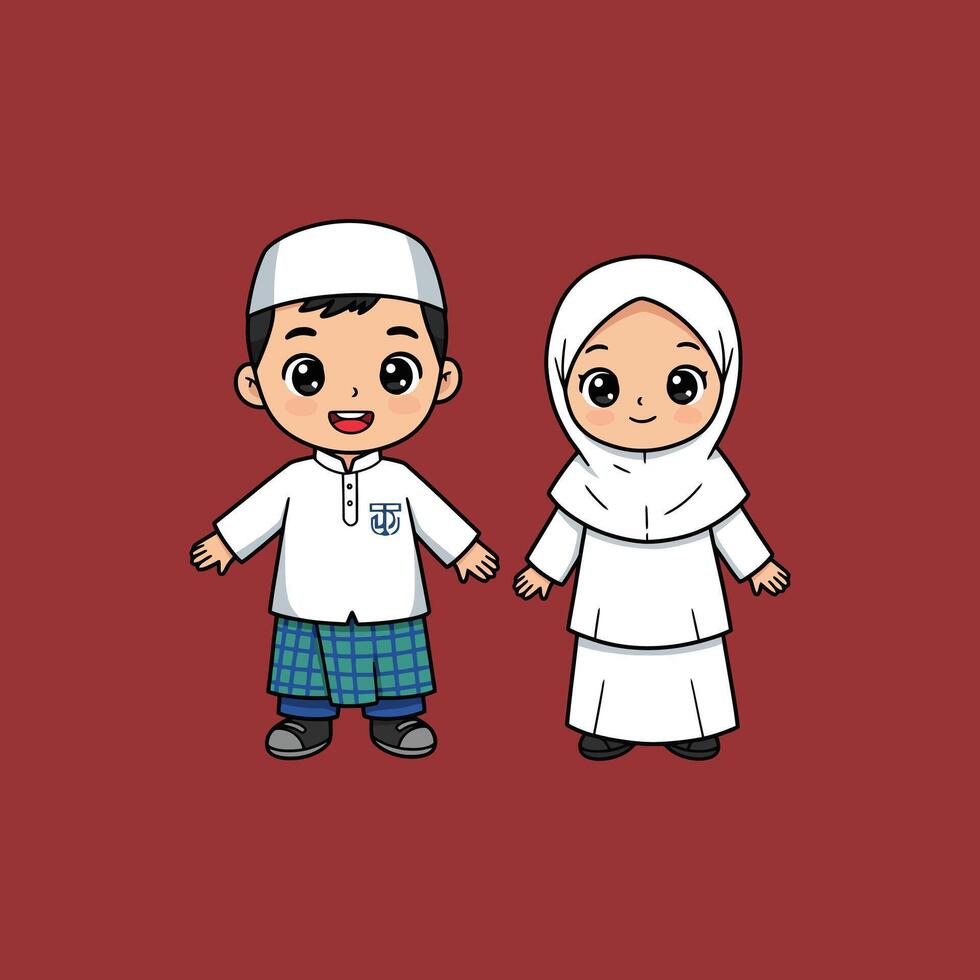 Adorable Muslim Children in Traditional Clothing A Cheerful Cartoon Illustration vector