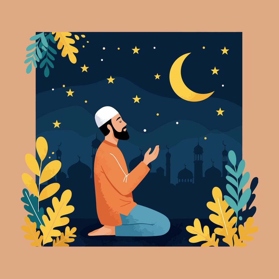Night Prayer A Serene Muslim Man Kneeling Under Starlit Crescent Moon vector
