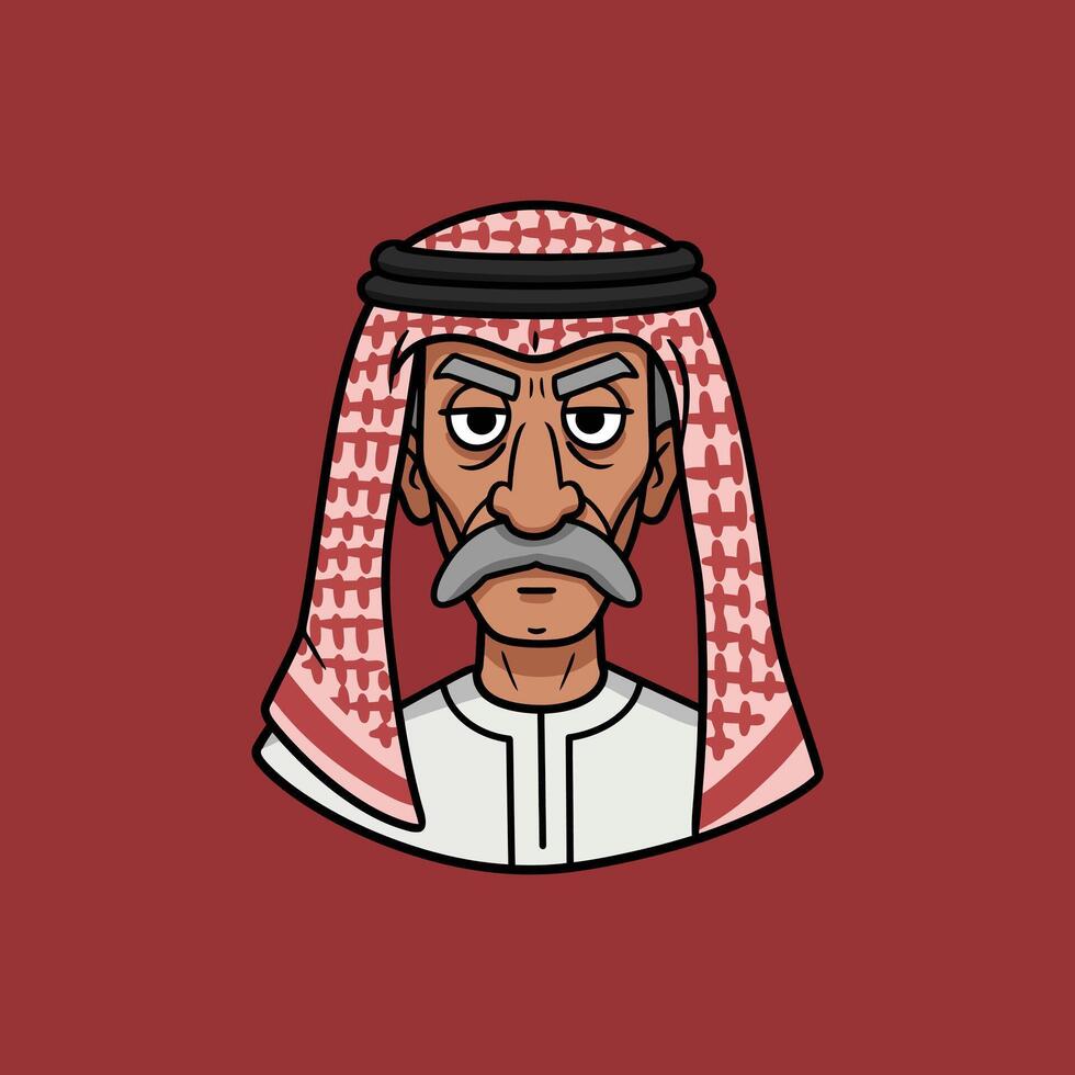 Stern Arabian Man A Cartoon Portrait with Traditional Headscarf vector