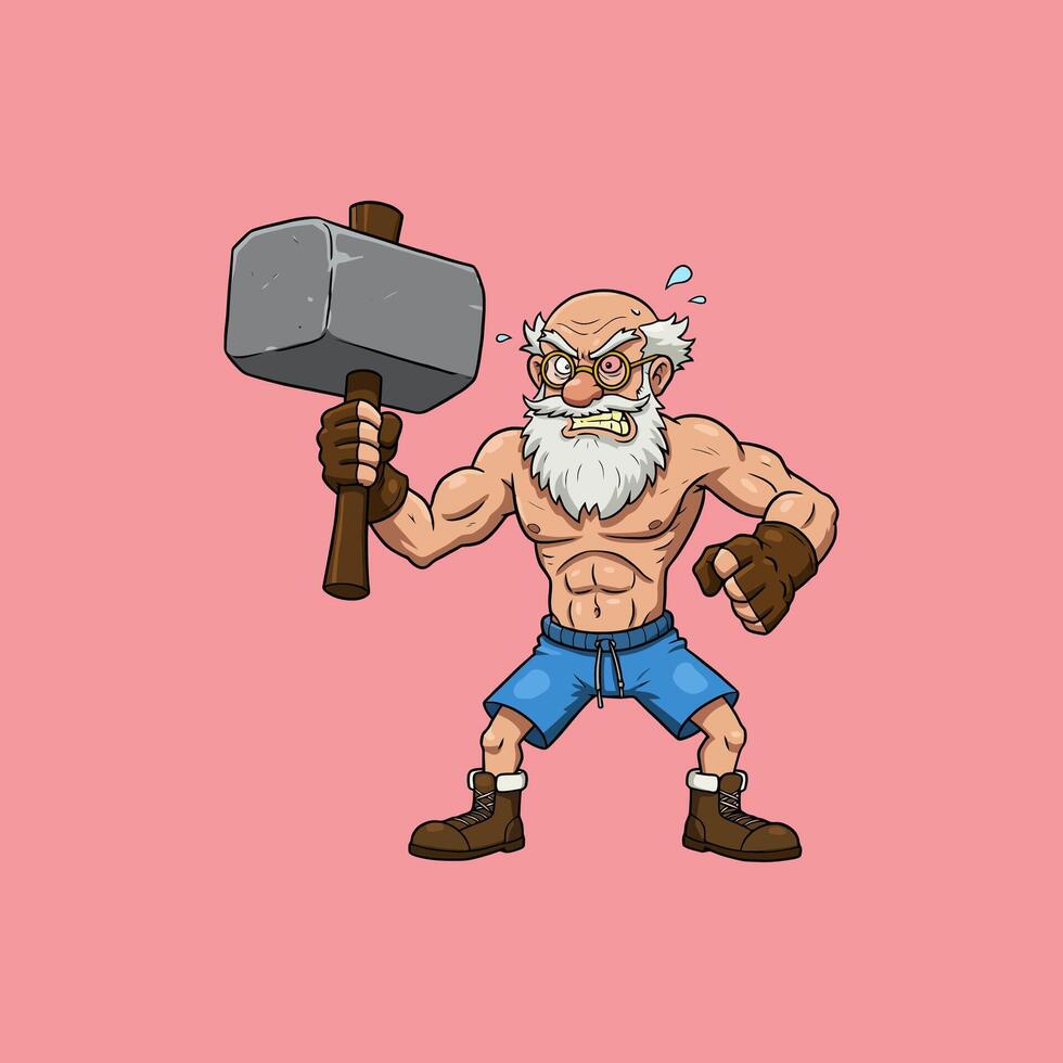Muscular Old Man with Hammer Cartoon Strength and Humor vector