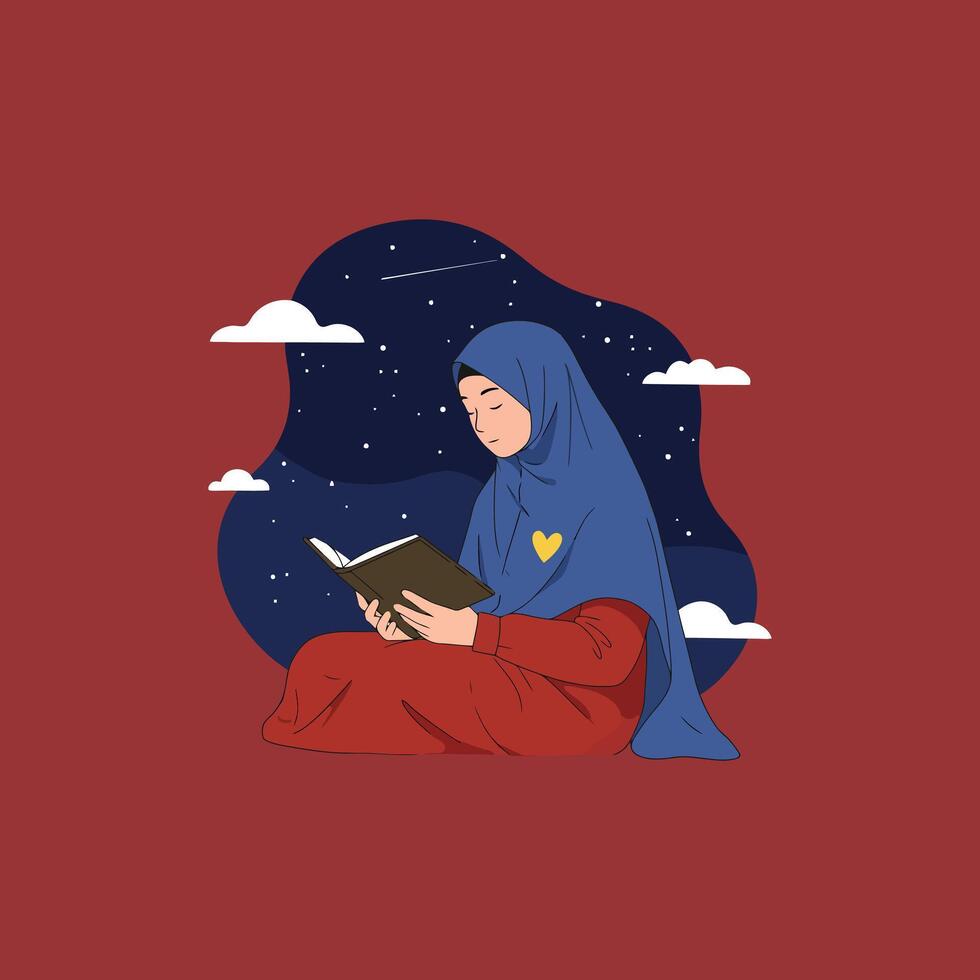 Serene Woman in Hijab Reading Under Starry Night A Minimalist Illustration vector