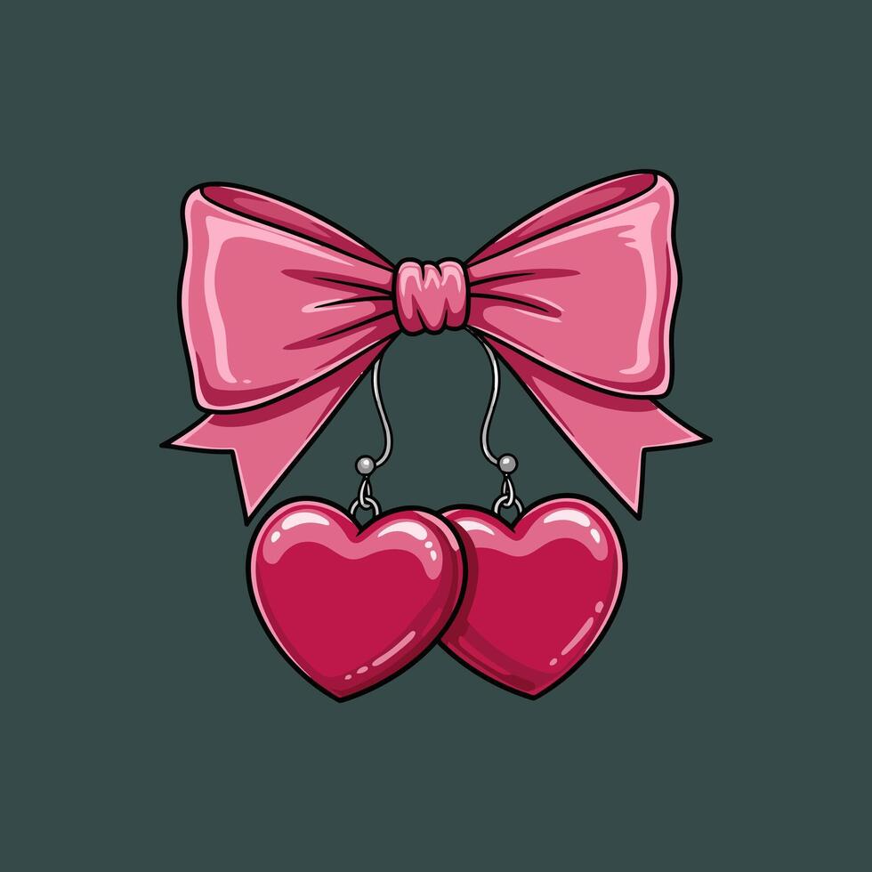 Heart-Shaped Earrings with Pink Bow A Romantic Illustration vector