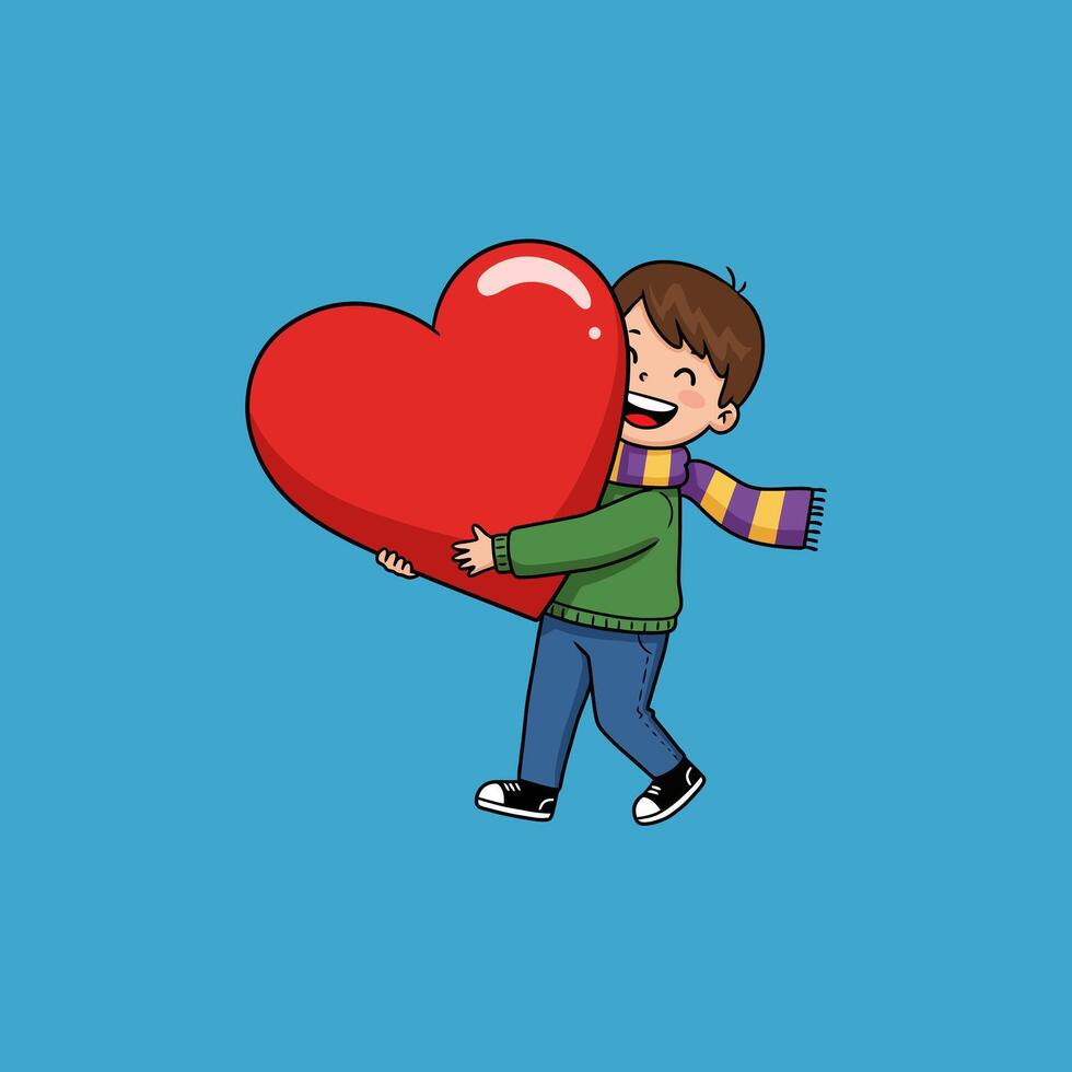 Joyful Boy Embraces Gigantic Heart Cheerful Cartoon Illustration vector